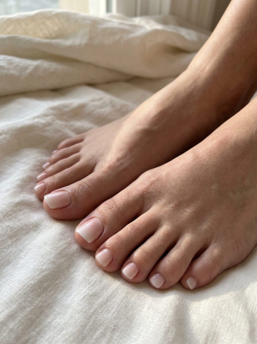 Babyboomer Acryl-Zehennägel mit sanftem Nude-Weiß-Verlauf